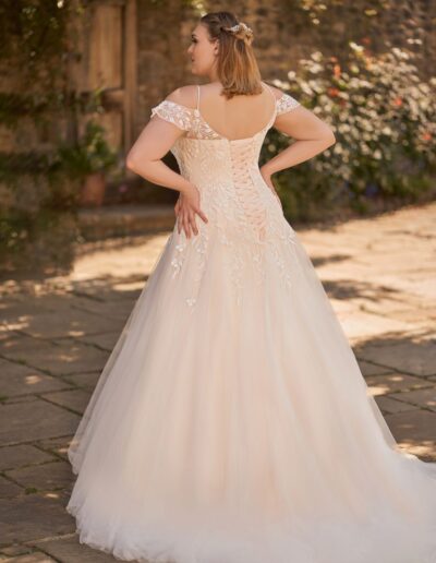 cold shoulder lace and tulle wedding gown