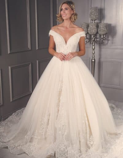 off the shoulder ball gown fairytale wedding dress
