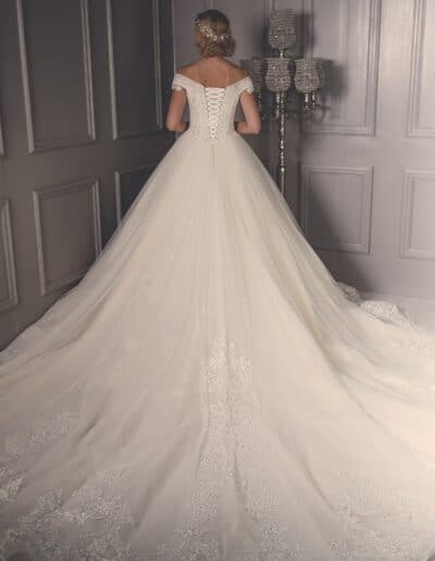 ballgown wedding dress with dramatic lace train